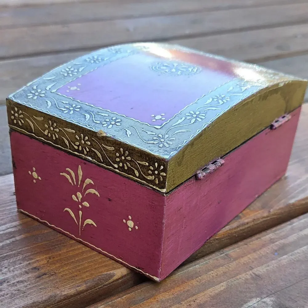 World Market Micheala Dome Jewelry Box Hand Painted India Boho Folk Art